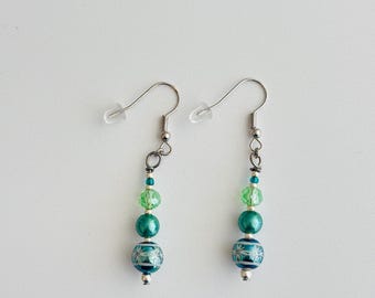 Green & Teal Dangle Earrings – Handcrafted Glass Beads with Floral Accent