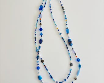 Handmade Beaded Double-Strand Necklace: Cobalt, Aqua & Sky Blue