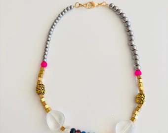 Bold Multicolor Rainbow Glass and Metal Beaded Necklace with Gold Accents – Handmade Statement Jewelry