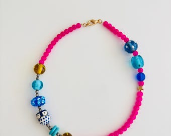 Whimsical Owl Necklace with Hot Pink and Blue Beads – Handmade Playful Statement Jewelry
