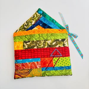 Colorful Quilted Patchwork Pouch with Embroidery and Ribbon Tie