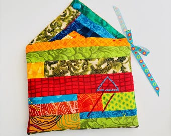 Colorful Quilted Patchwork Pouch with Embroidery and Ribbon Tie