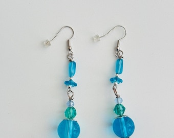 Bright Blue & Teal Glass Bead Dangle Earrings – Handmade Lightweight Jewelry