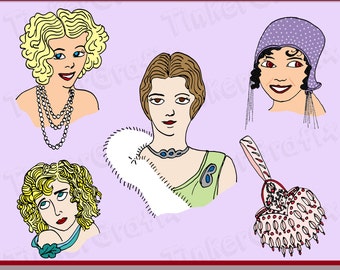 Hand drawn 1920s faces clipart , 20s Art Deco illustrations, instant download, digital clip art, printable, commercial use