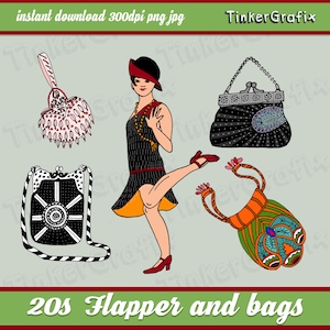 Hand drawn 1920s flapper and handbags clipart , 20s Art Deco illustrations, instant download, digital clip art, printable, commercial use