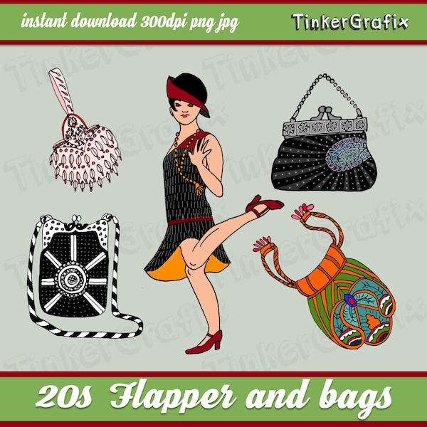 Hand drawn 1920s flapper and handbags clipart , 20s Art Deco illustrations, instant download, digital clip art, printable, commercial use