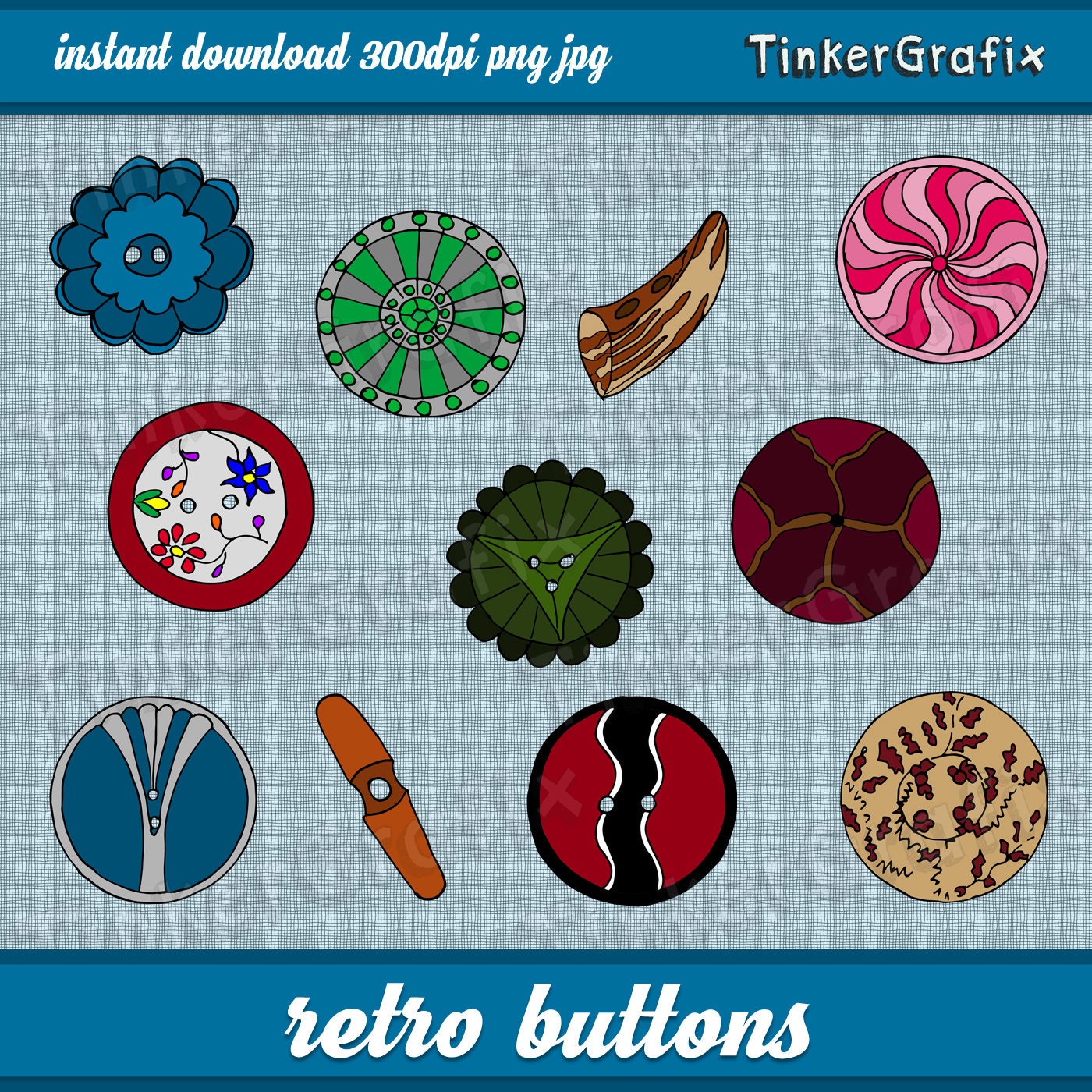 Hand Drawn Button Clipart , Retro Buttons Illustrations, Instant ...