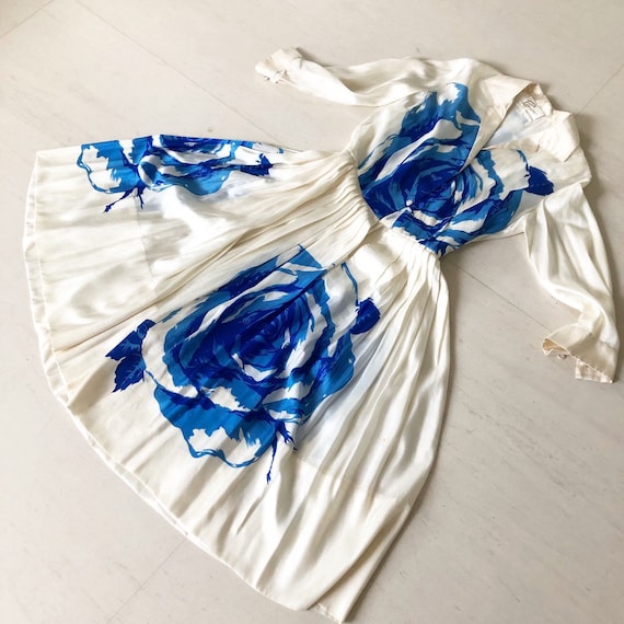 Amazing 1950s Blue Rose Silk Shirt Dress