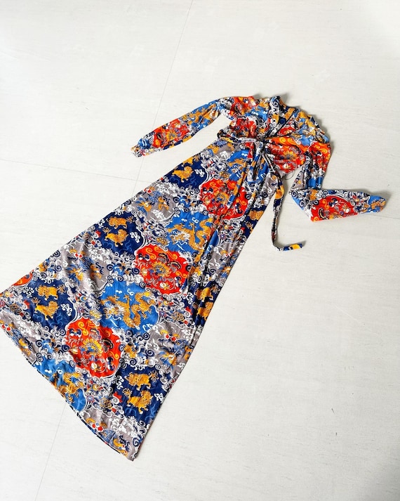 dragon print maxi dress Glorious 70s Chinese Dragon Lion Maxi Dress
