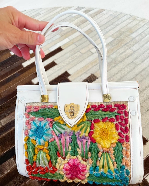 Pretty Straw Leather Floral Bag - image 1