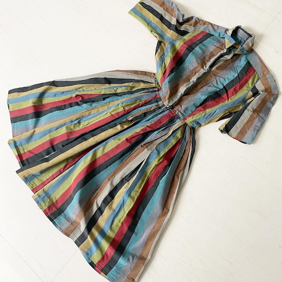 Autumn Cool Rainbow Striped 50s Silk Shirtdress