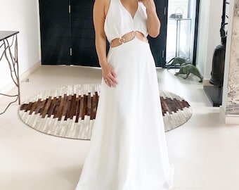 Amazing Pristine White Disco Diva Maxi Dress With Cut Out Midriff