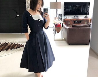 Vintage 50s Christian Dior Silk Dress - Navy Tuxedo Style