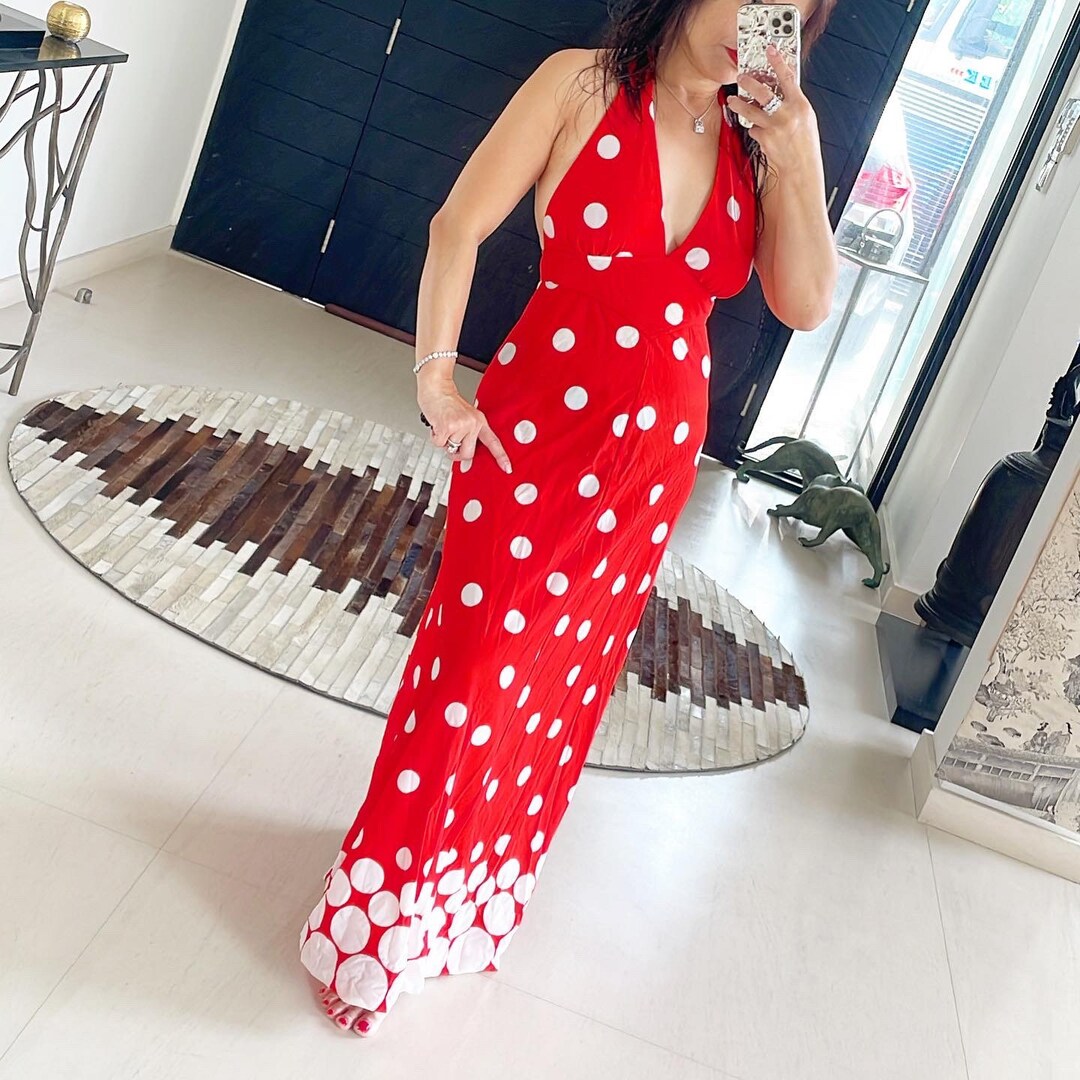 Groovy 70s Polka Dotted Maxi Halter Dress