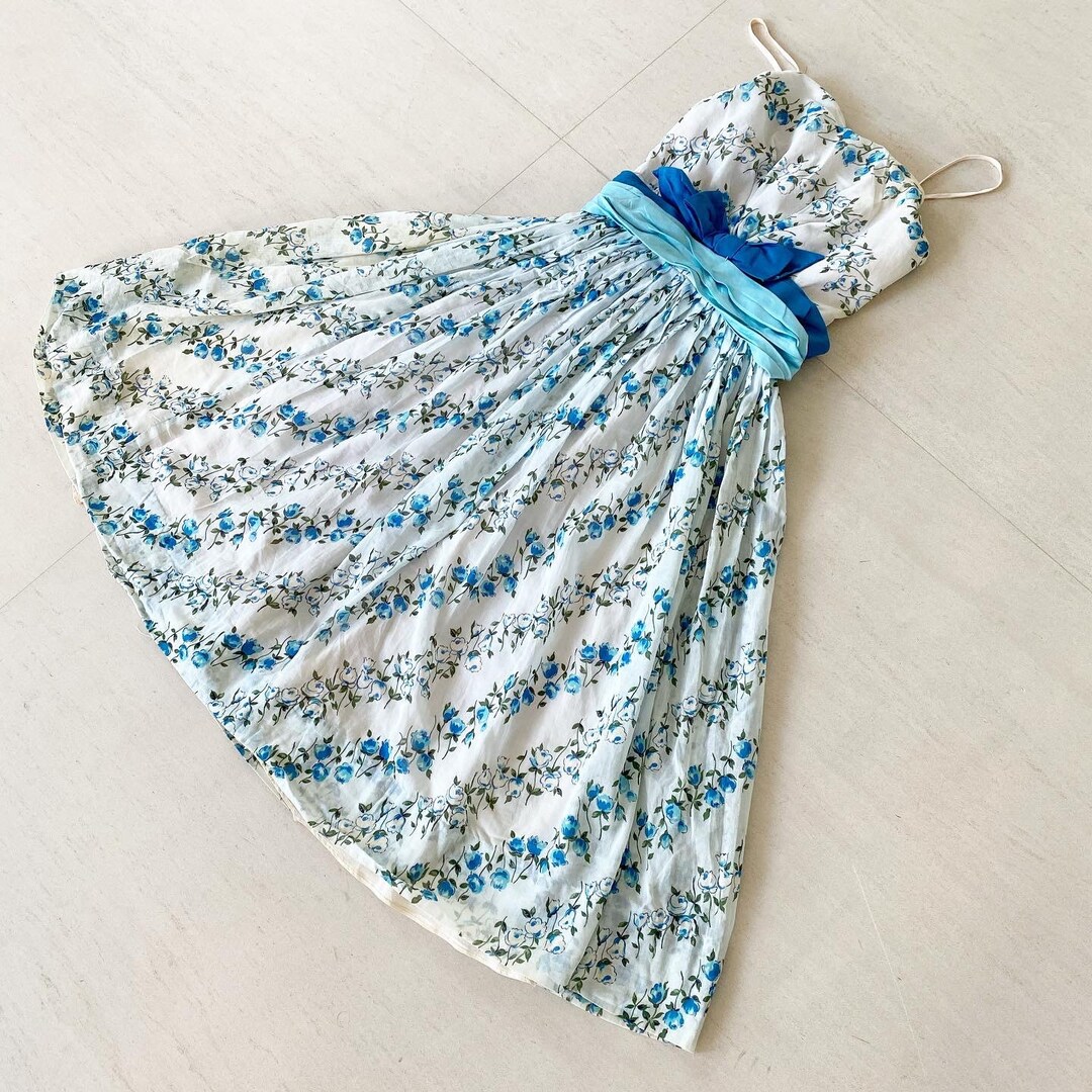 1950s Black Blue Floral Print Sun Dress by Leisure Lady | XS/S main image 0