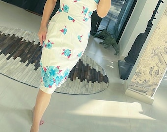 Gorgeous Turquoise on White Plumeria Shaheen Sarong Dress