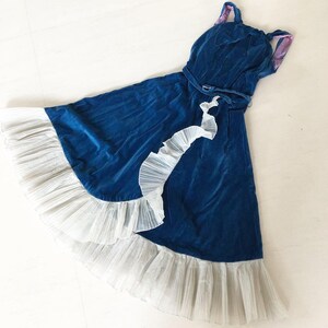 May include: A blue velvet dress with a white tulle ruffle trim. The dress has a fitted bodice and a full skirt.