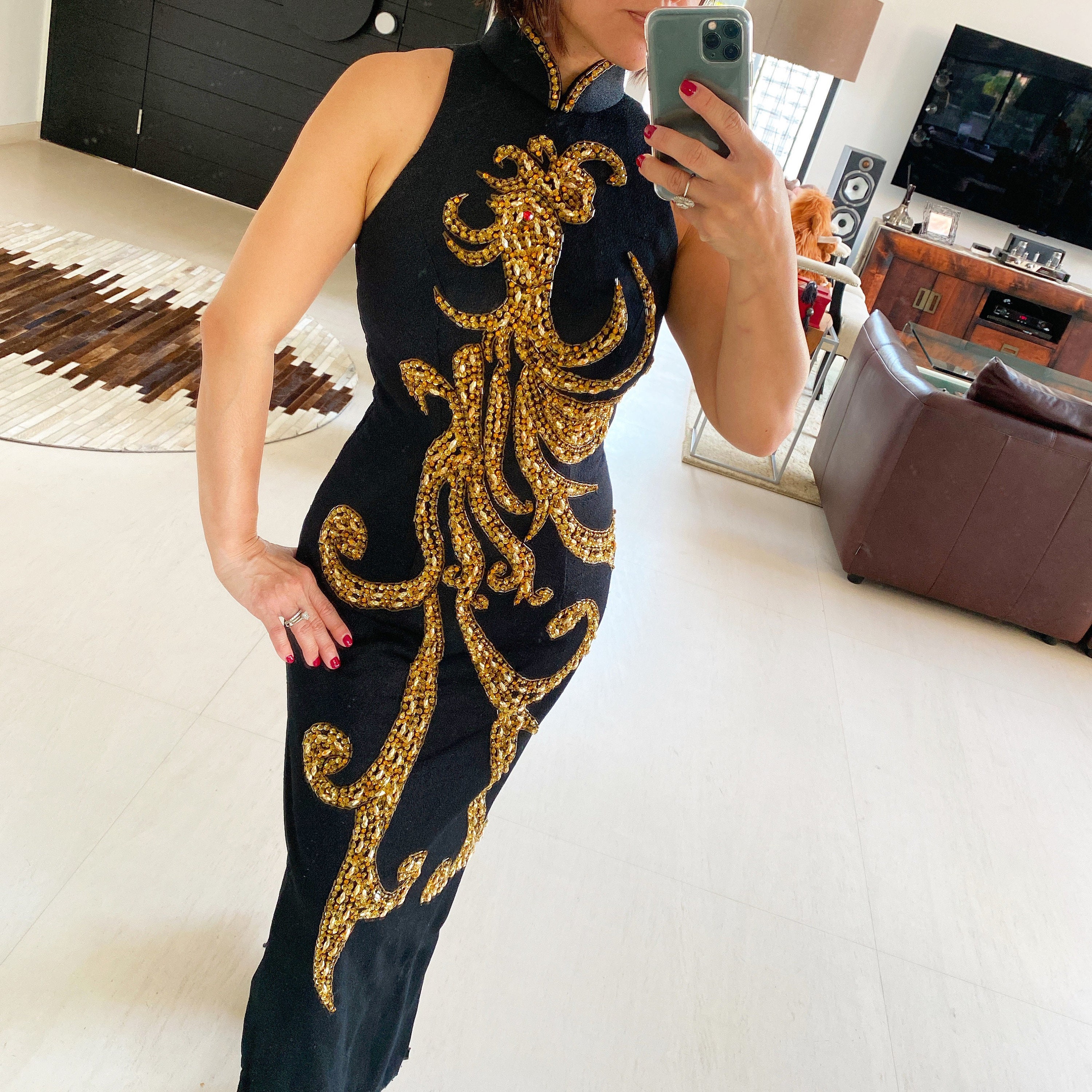 Incredible 60S Hand Beaded Phoenix Qipao