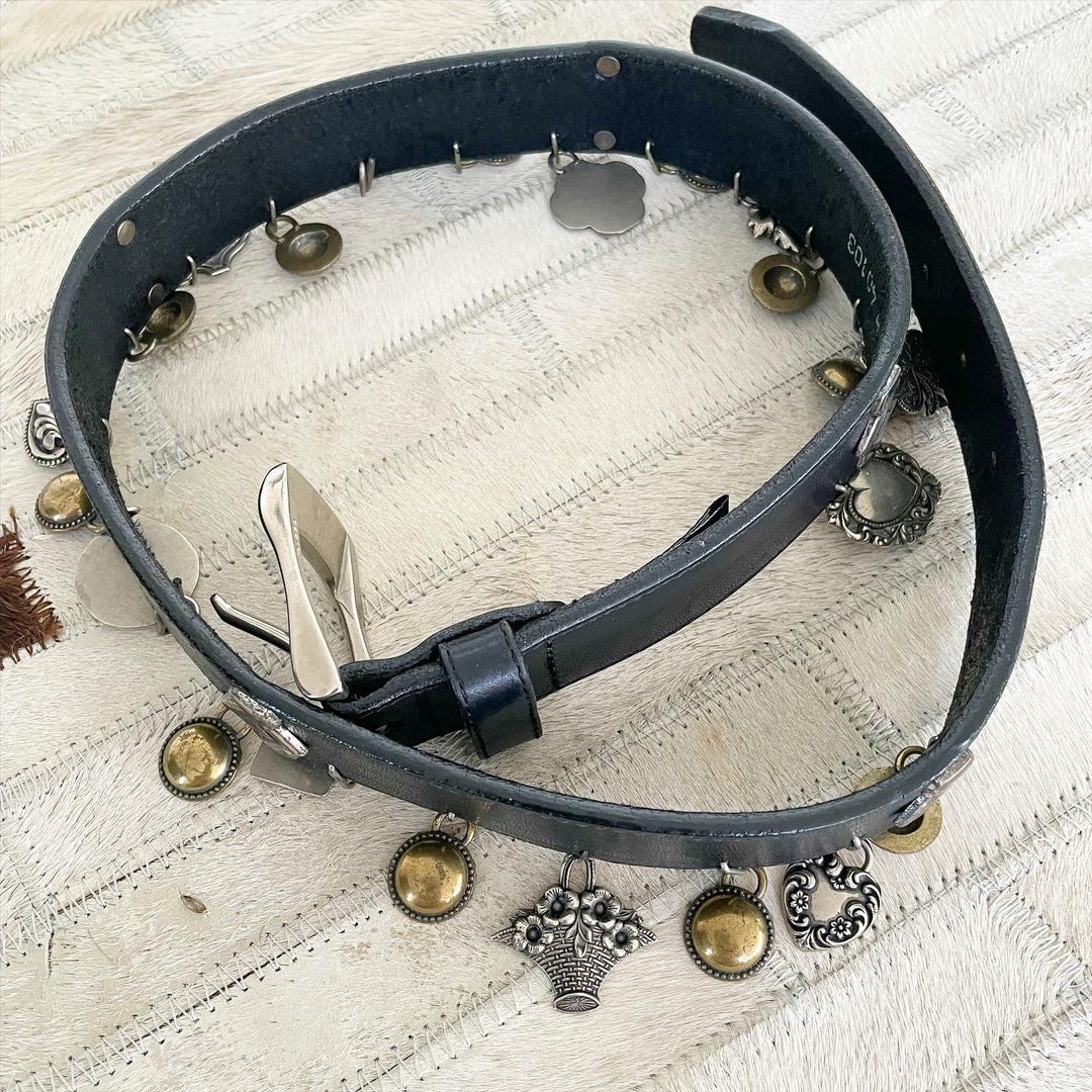 Vintage Dangling Charm Hip Belt 80s 90s Whiskey Brown Leather Dangling Charm Belt | Heart  main image 4