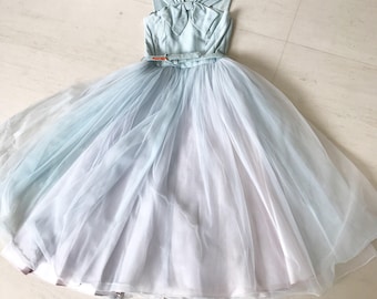 1950s Ice Blue Organza Tulle Dress XS