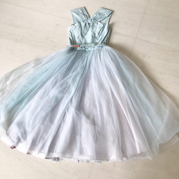 1950s Ice Blue Organza Tulle Dress XS