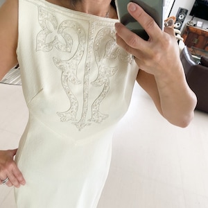 Elegant 70s Beaded Column Wedding Gown