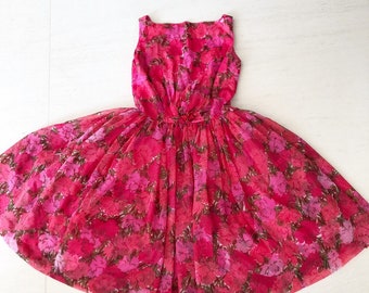 Summery Fuchsia Floral Printed 1950s dress