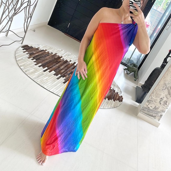 Rainbow Striped Striped Backless Maxi Dress Rainbow Wavy Striped Maxi Dress  – Confetti Boutique