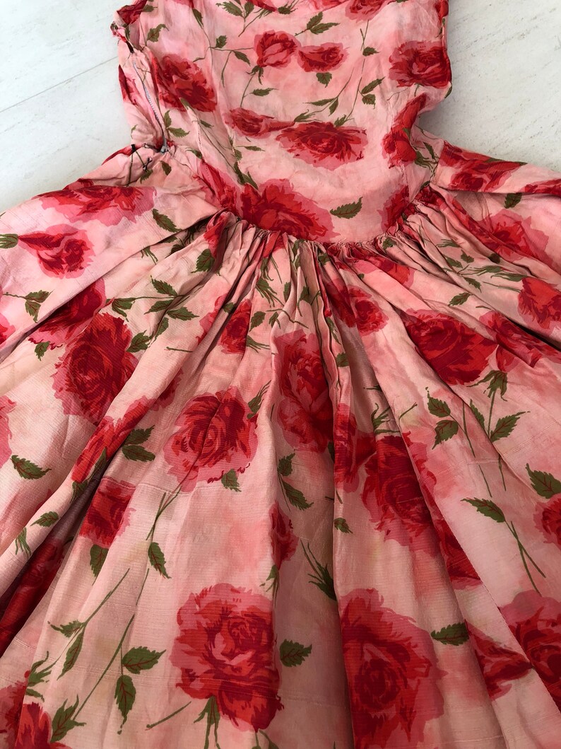 1950s Silk Red Roses Dress Etsy