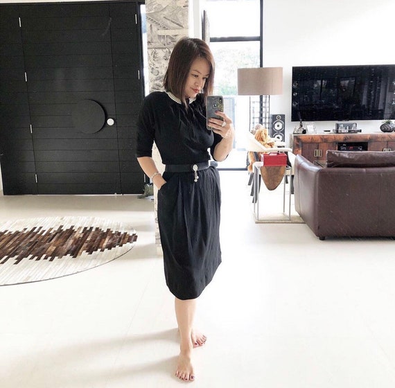black dress with pearl neckline Mikado Dress with Pearl Embellished Neckline