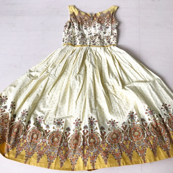 1950s Yellow Mustard Border Print Sundress - image 1