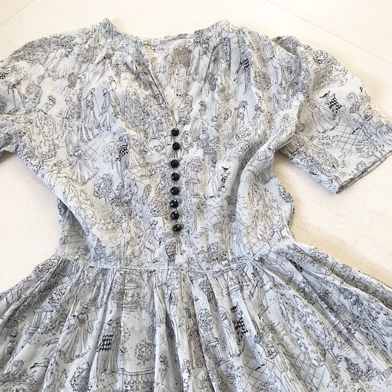 Rare 1950s Venetian Masquerade Ball Novelty Print Dress