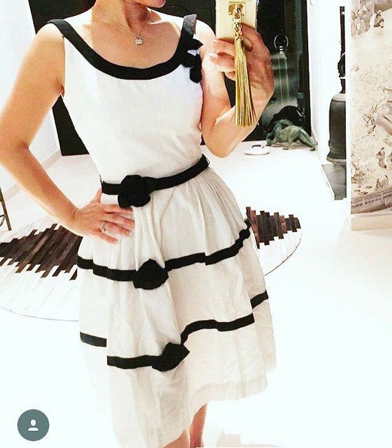 Amazing 1950s black and white rosette dress