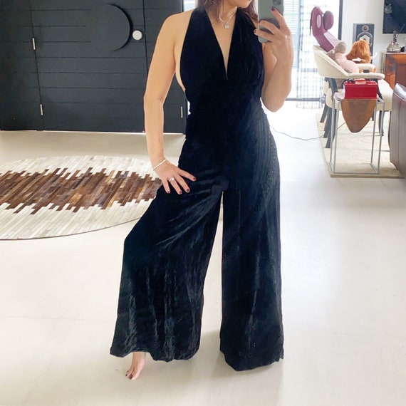 Insane Black Velvet Halter Jumpsuit - image 1