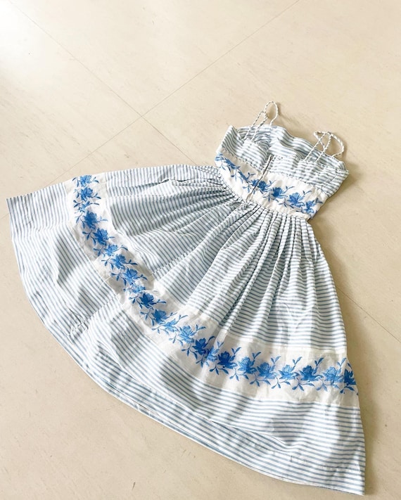 blue striped floral dress Pale Blue Stripe Floral Milk Silk Flutter Dress main image 1