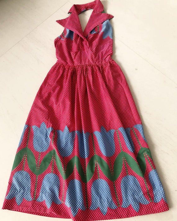 Pretty 1950s Tulip Border Print Halter Dress