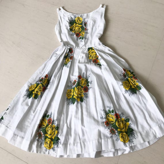 Lovely 1950s Yellow Rose Dress XS