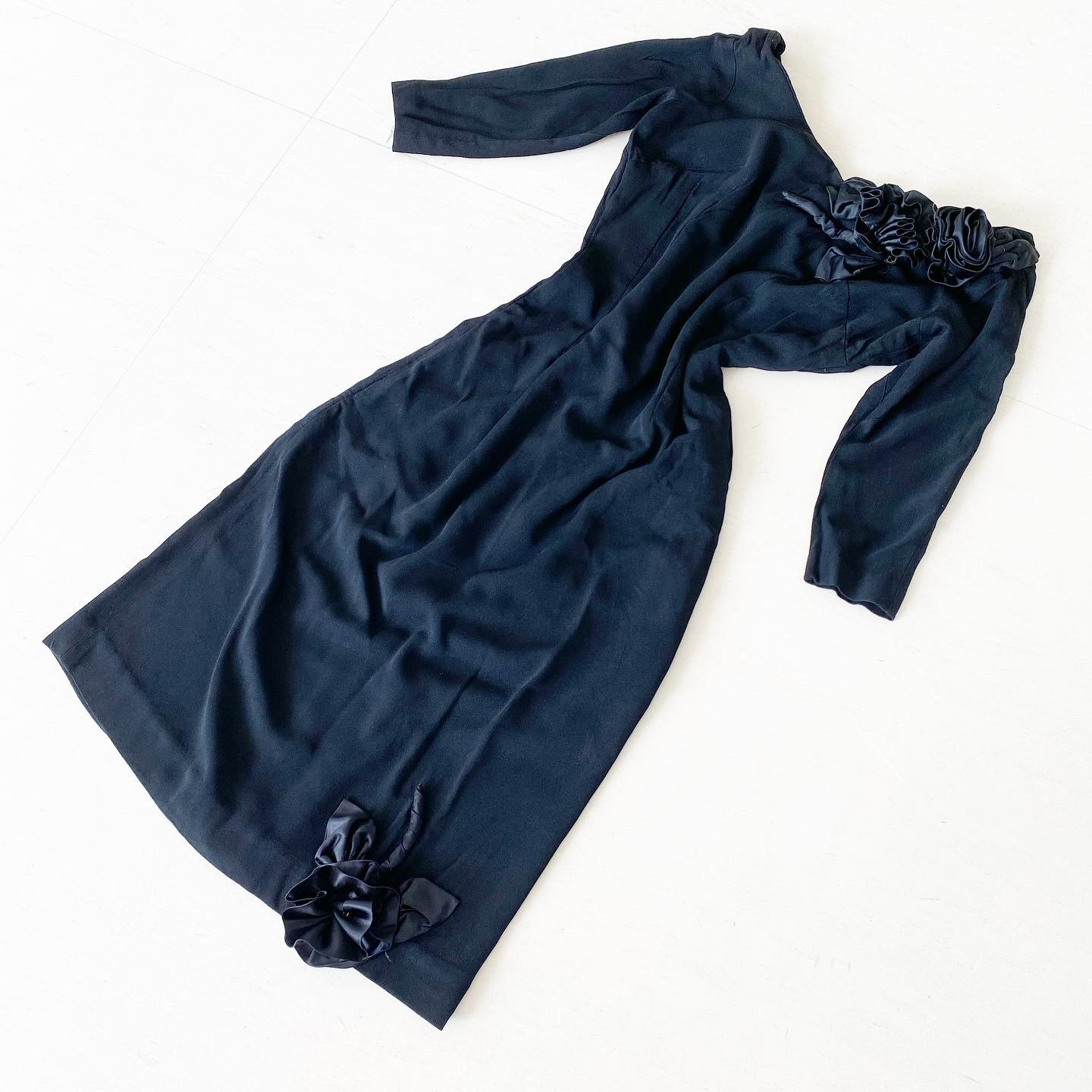 black satin wiggle dress Weslyn Black Satin Lace High Slit Dress