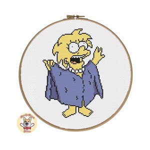 May include: A cross-stitch pattern featuring a yellow-haired cartoon character wearing a purple robe and a surprised expression.