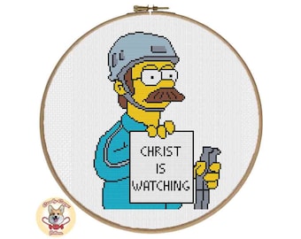 Ned Flanders Christ is Watching - The Simpsons PDF cross stitch pattern