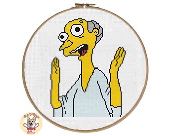 May include: A cross-stitch pattern of a yellow cartoon character with a blue shirt and a surprised expression. The character has a large nose and big eyes.