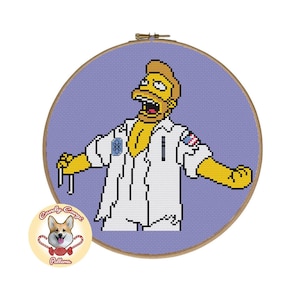 May include: Cross-stitch embroidery of a cartoon character in a white lab coat, arms outstretched, set against a lavender background. The character has yellow skin and hair, with a shocked expression. The design is framed in a wooden hoop.