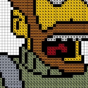 May include: A brown and yellow pixel art cross stitch pattern of a character with a red mouth and a green and black background.