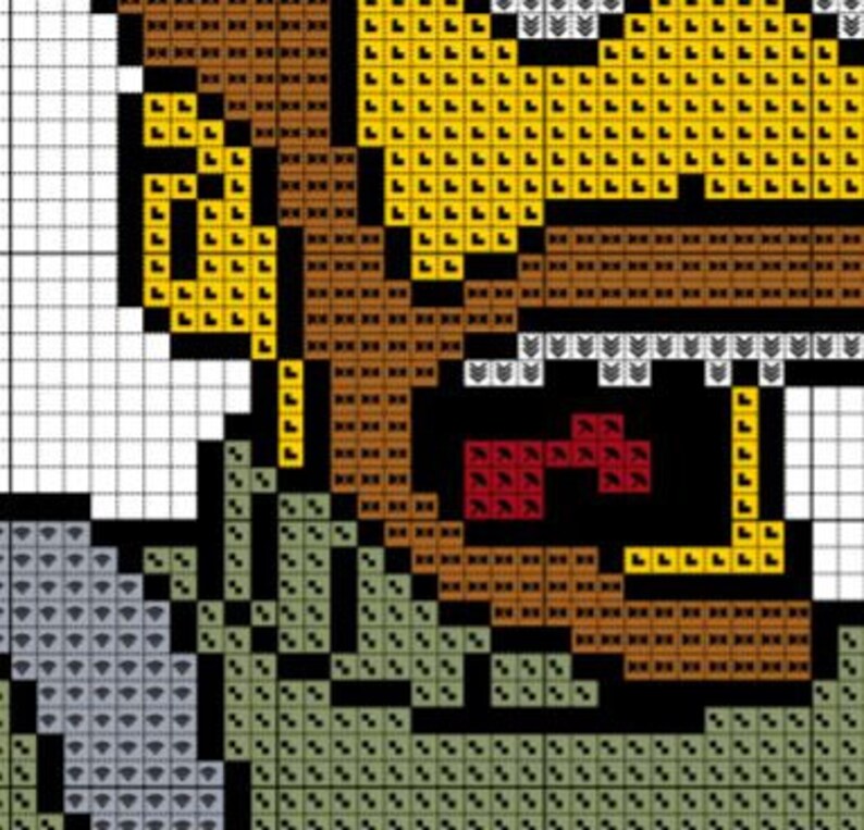 May include: A brown and yellow pixel art cross stitch pattern of a character with a red mouth and a green and black background.