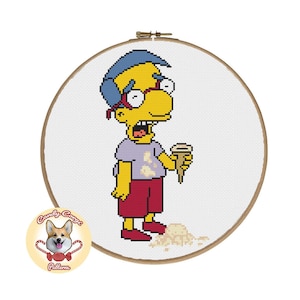 May include: Cross stitch pattern of a yellow cartoon character with blue hair and glasses, wearing a purple shirt and red shorts, holding a melting ice cream cone. The character is looking distressed and has a white stain on their shirt.