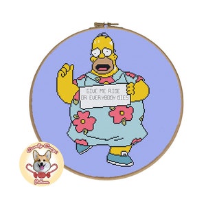 May include: Cross stitch pattern featuring a yellow cartoon character holding a sign that says "Give me ride or everybody dies".