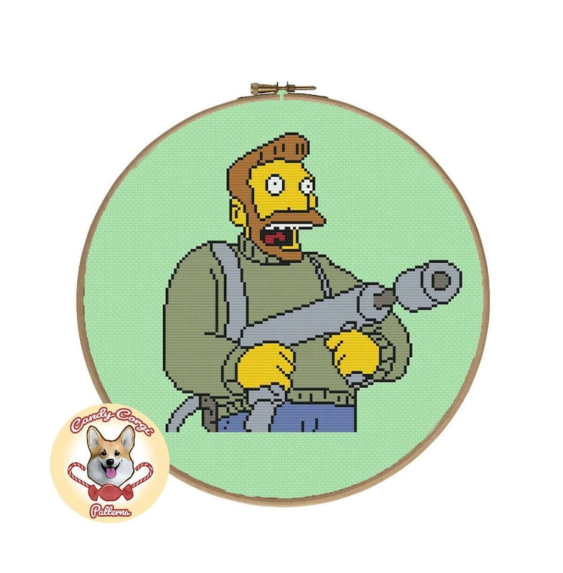 May include: Cross stitch pattern of a cartoon character with a yellow beard and a drill. The character is wearing a green shirt and blue jeans. The background is green.