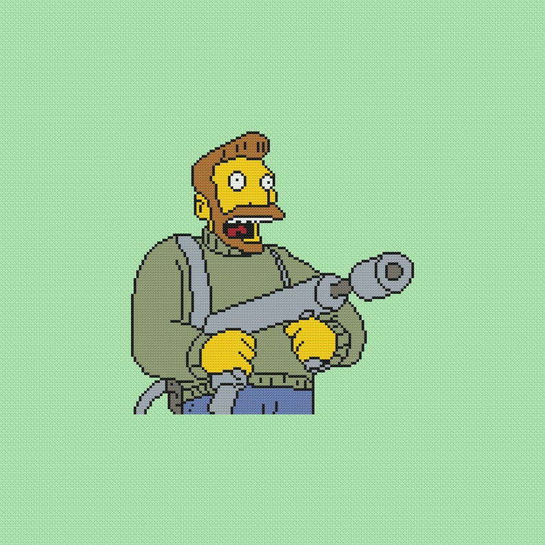 May include: A cartoon character with a yellow face, brown hair, and a green sweater holds a gray gun with a round barrel. The character has a surprised expression with an open mouth and wide eyes.