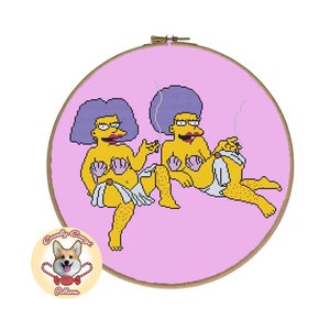 Könnte beinhalten: Stickmuster mit zwei Comicfiguren mit lila Haaren, gelber Haut und Muschelbh's. Die Figuren sitzen auf einem rosa Hintergrund.