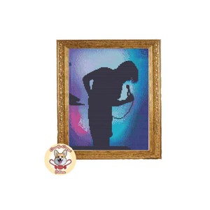 May include: A framed cross-stitch pattern of a silhouette of a person singing into a microphone on a stage with a colourful background.